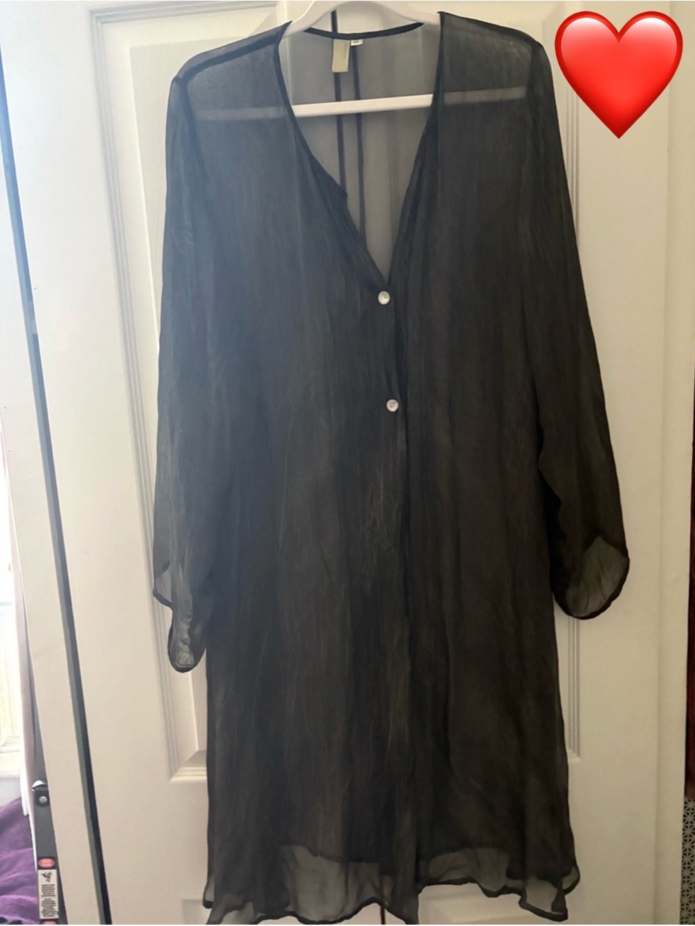 Sheer Gray Black Long Sleeve Cover-Up V-Neck Button Front